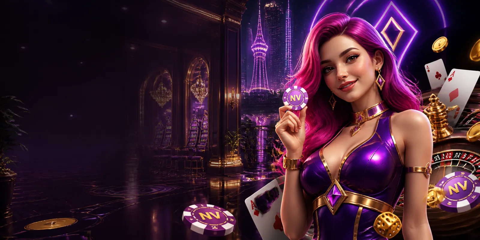 Glamorous casino hostess in colorful neon outfit, luxury casino setting, holding branded chip, premium 3D style
